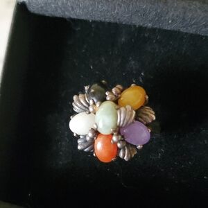 Vintage Sterling Silver Multicolor Jade Cluster Ring